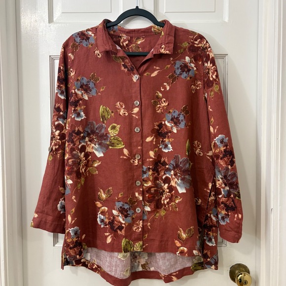 John Mark Tops - John Mark 100% Linen Button Down Shirt L Rust Orange Boho Coastal Autumn Floral